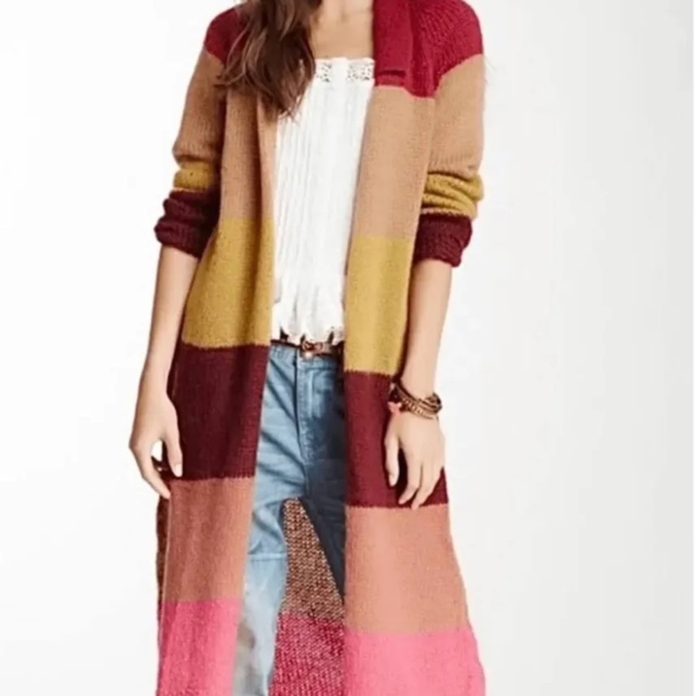 Free People Cardigan Colorblock Pink Yellow And Red Cardigan Long Size Small